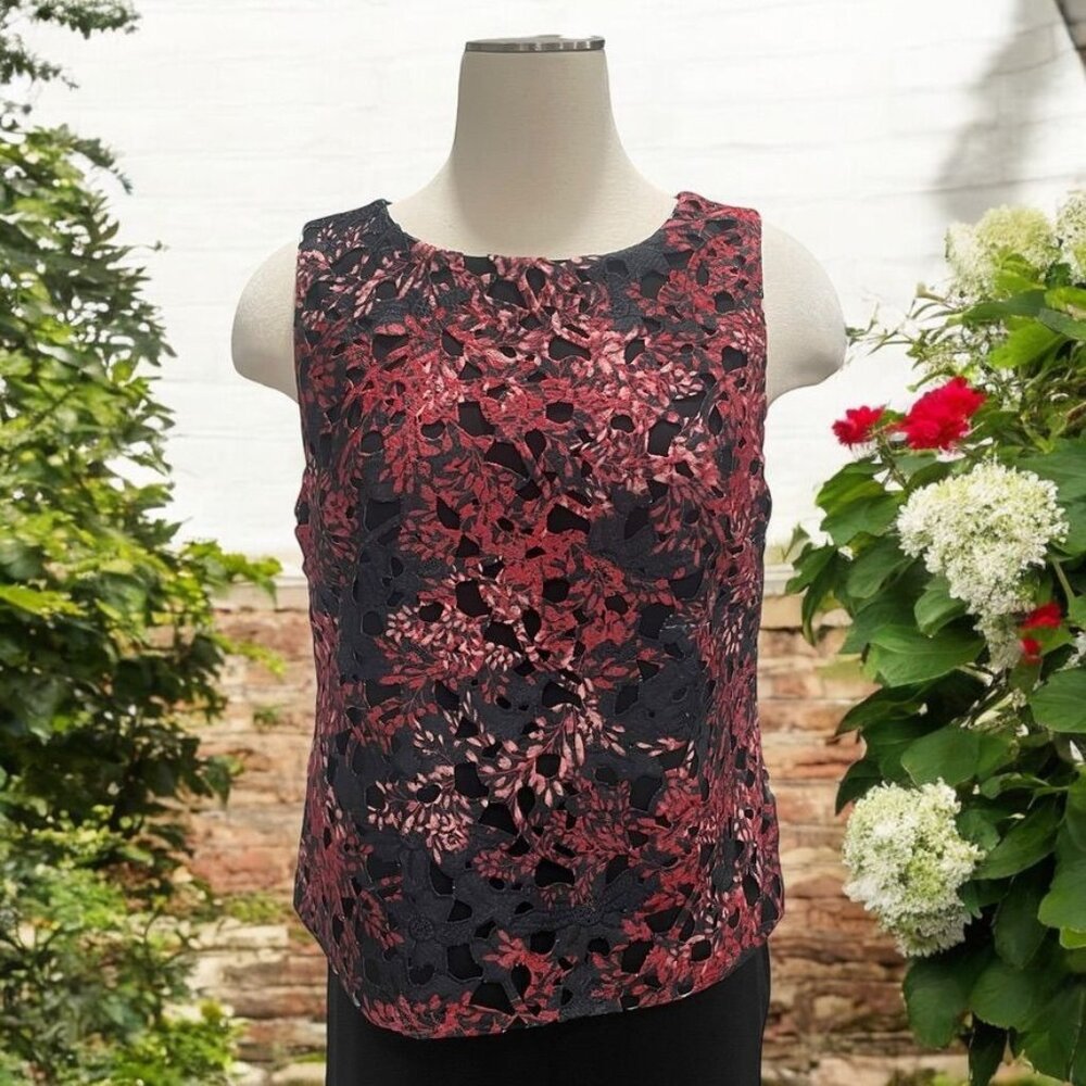 Vince Camuto Womens Red &‎ Black Floral Lace Sleeveless Top S Elegant Stylish